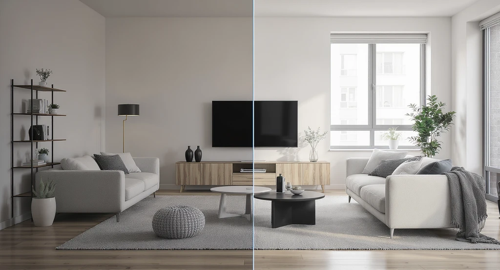 Studio apartment with a digital room preview system showing furniture placement, creative ideas for awkward apartment layouts, and solutions for large empty apartment walls—all under natural lighting, demonstrating how to furnish a studio apartment from scratch using open-plan design tips and the best furniture for empty studio spaces.