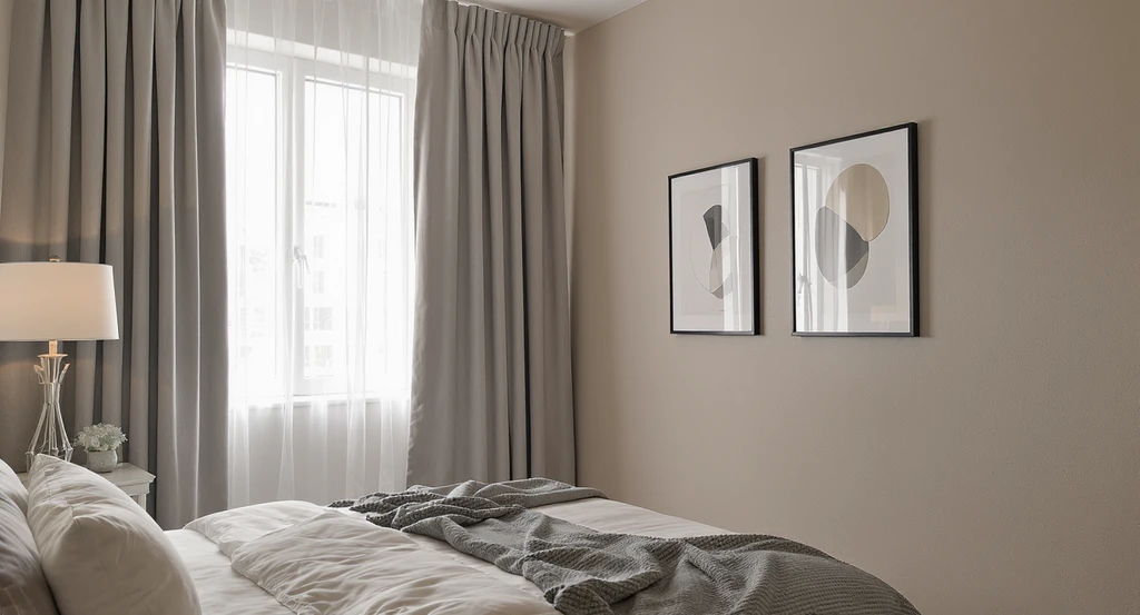 Studio apartment layout showing bed near thick curtains and a wall lined with textile panels and framed art for sound absorption—ideal solution for large empty apartment walls, creative ideas for awkward apartment layouts, and how to furnish a studio apartment from scratch.