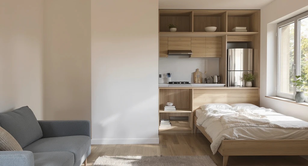 Studio apartment corner with bed anchored away from entry and kitchen, divided by a low open bookshelf for privacy. Includes solutions for large empty apartment walls and best furniture for empty studio spaces, illustrating how to furnish a studio apartment from scratch with creative ideas for awkward apartment layouts.