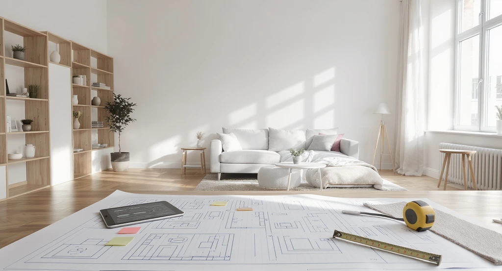 Open-plan studio apartment with empty walls, natural wood floors, and modular furniture layouts, offering creative ideas for awkward apartment spaces and tips on how to furnish a studio apartment from scratch using flexible design solutions.