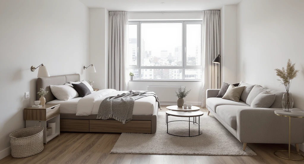 How to furnish a studio apartment from scratch using dual-purpose furniture sized under 32-inch depth—creative ideas for awkward apartment layouts shown in a realistic open-plan studio design, focusing on the best furniture for empty studio spaces and empty apartment wall solutions.