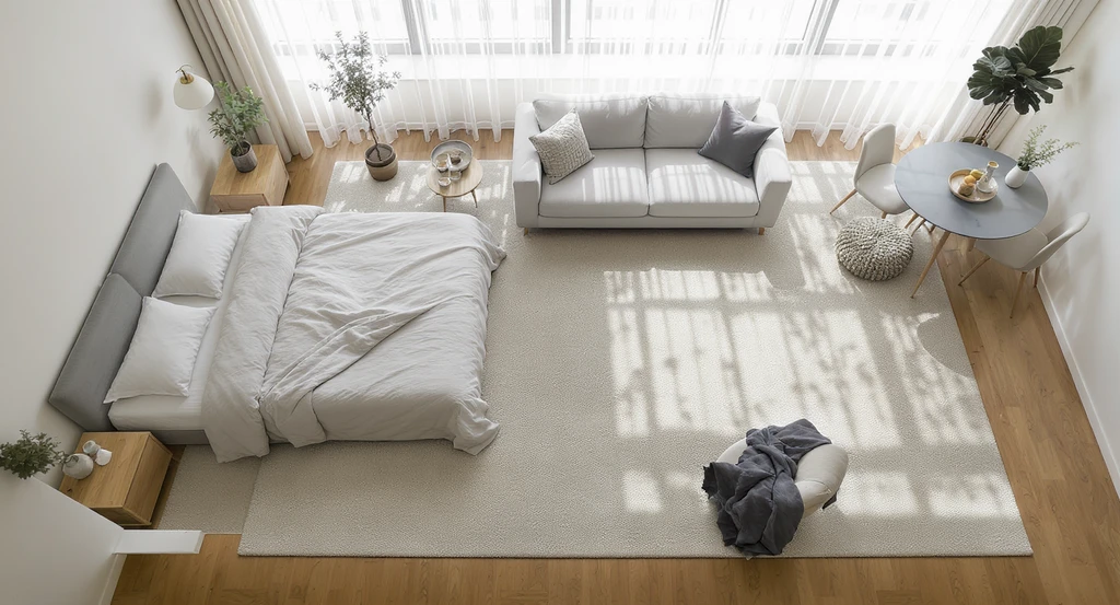 Open-plan studio apartment showing how to furnish a studio apartment from scratch with area rugs that fit furniture footprints, offering creative ideas for awkward apartment layouts and open-plan studio apartment design tips.