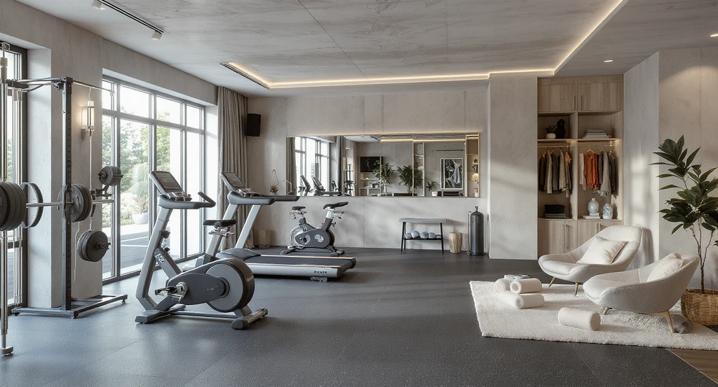 Luxurious modern home gym room design featuring distinct workout zones, premium flooring, advanced equipment, and a comfortable recovery lounge area.