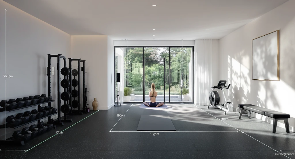 Modern home gym room 3D visualization showing clear zone divisions, best flooring for gym interiors, luxury equipment, and natural lighting.
