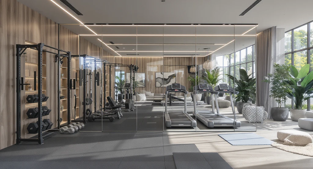 Modern home gym room design showing divided zones: strength, cardio, and recovery lounge with luxury flooring, tactile finishes, and natural light.