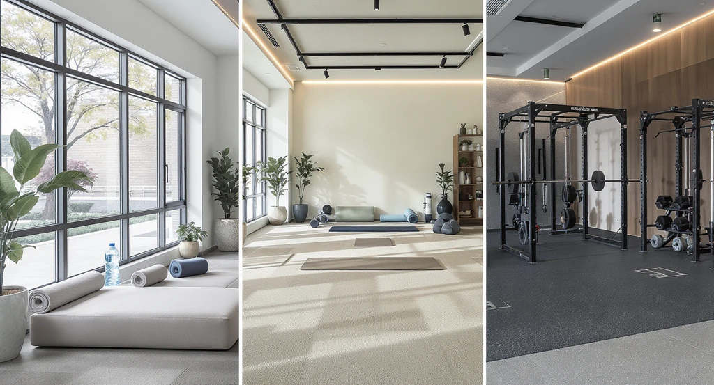 Modern home gym design showing clearly divided zones for recovery, gentle exercise, and intensive training, with luxury flooring, smart storage, and ample natural light for a comfortable, organized workout space.
