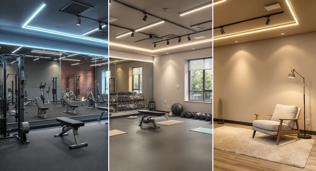 Modern home gym room design showcases zoned lighting—crisp LEDs in the training zone, ambient lighting for gentle exercise, and a cozy lamp for recovery on luxury flooring.