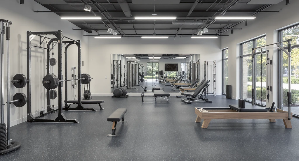 Modern home gym room design with zones for weight rack, bike, and reformer, illustrating how to divide a home gym into zones, best flooring, and luxury features for a clutter-free workout space.