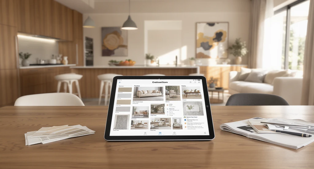 Open floor plan kitchen and living room staged for decorating evaluation, showing mood board, best colors for open kitchen living area, and room dividers. 
