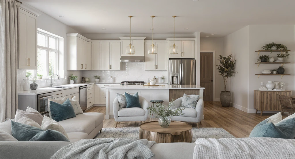 Spacious open concept kitchen and living room showing cohesive decor, best colors for open kitchen living area, balancing wood tones, and subtle room divider ideas.