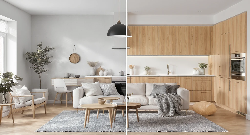 How to decorate open concept kitchen living room with best colors for open kitchen living area, room divider ideas, and balancing different wood tones in open floor plan, showing cozy zones in open layouts via a before-and-after digitally staged space.