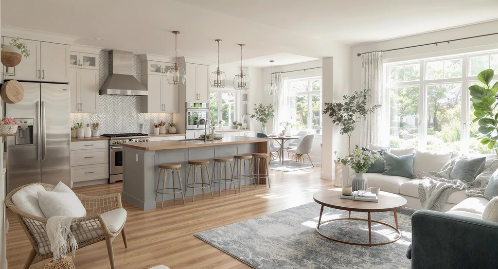 Photorealistic open concept kitchen and living room showing best colors for open kitchen living area, room divider ideas, and balancing wood tones in an open floor plan. Cozy zones are created without physical barriers, illustrating how to decorate open concept kitchen living room effectively.