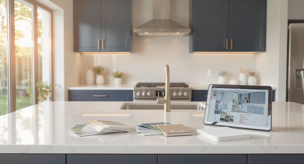 Modern kitchen with dark blue cabinets, paint swatches, and a kitchen design tool tablet, showing how to visualize dark blue kitchen designs before painting.