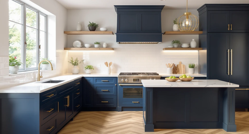 Photorealistic kitchen featuring navy blue cabinets, white marble countertops, brass hardware, warm wood shelving, and layered lighting to illustrate how to visualize dark blue kitchen designs using kitchen design tools for aphantasia or remodel apps.