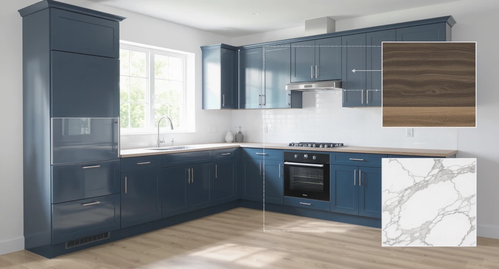 See how to visualize dark blue kitchen designs using best apps for visualizing kitchen remodels—image shows digital overlays for cabinetry colors, finishes, and light changes for those who can’t picture color schemes easily.