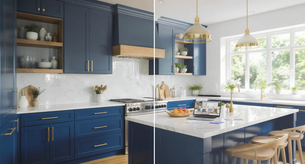 A contemporary kitchen with dark blue cabinets, brass hardware, oak shelves, marble counters, and a laptop showing different kitchen color schemes for visualizing remodels.