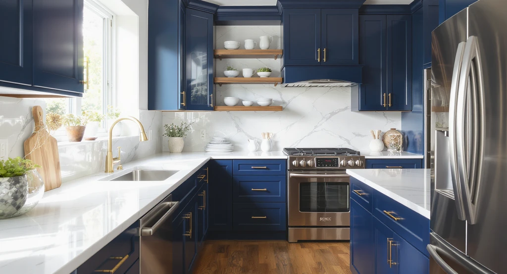 Photorealistic dark blue kitchen with gold hardware, white quartz countertops, and wood flooring—perfect for visualizing kitchen design color changes.