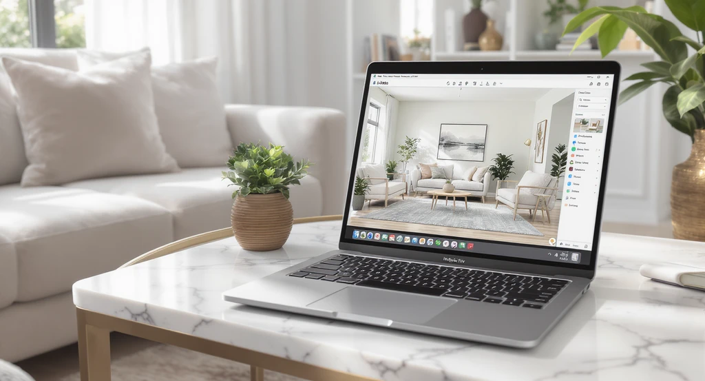 Modern living room redesigned with the best AI interior design tools, showing a laptop visualizing a quick, budget-friendly room makeover layout.