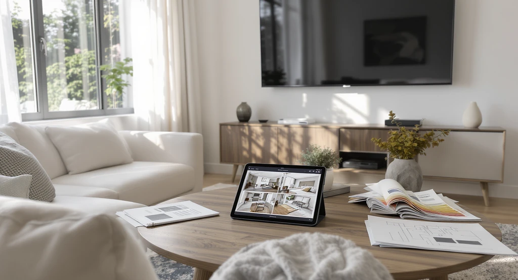 Modern living room with AI interior design tools: tablet shows digital room layout, shoppable products, budget plans, and real home renovation setup.