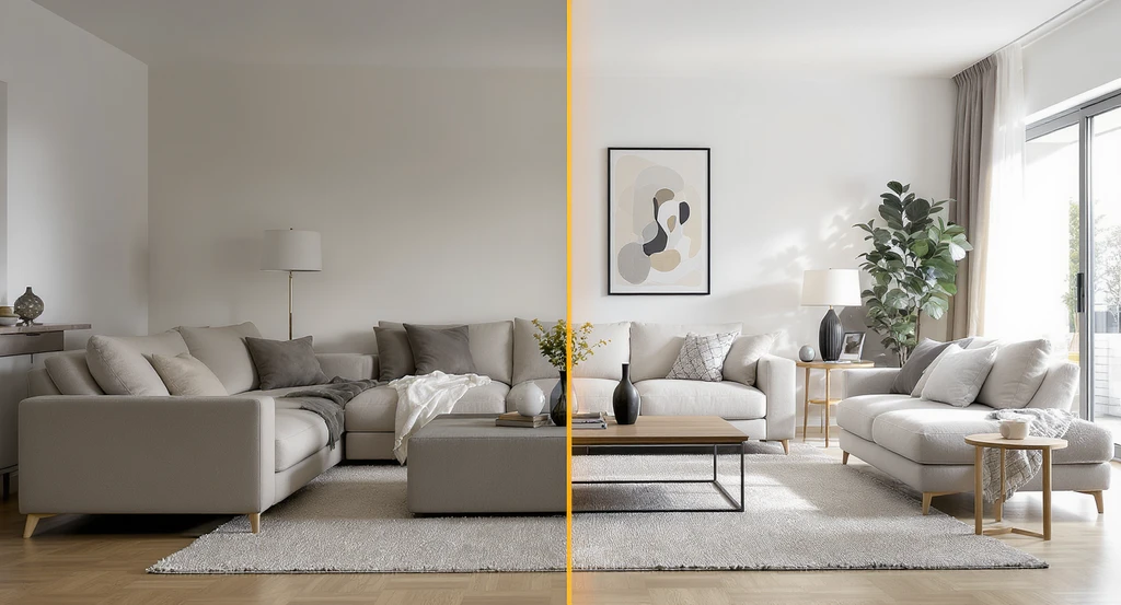 Split living room scene showing oversized furniture crowding one side and perfectly scaled real sofas and tables on the other, visualizing AI-powered interior design tools for quick room makeovers with real product visualization and virtual staging for budget-friendly remodeling.