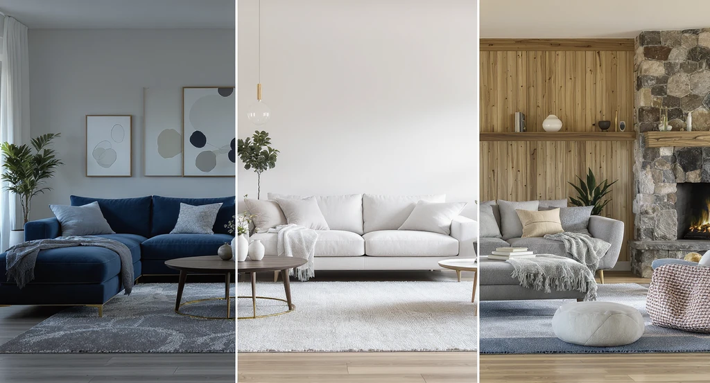 Three ultra-realistic living room designs displayed side by side, demonstrating how the best AI interior design tools enable budget-friendly home makeovers and visualizing room layouts with real furniture and decor options.