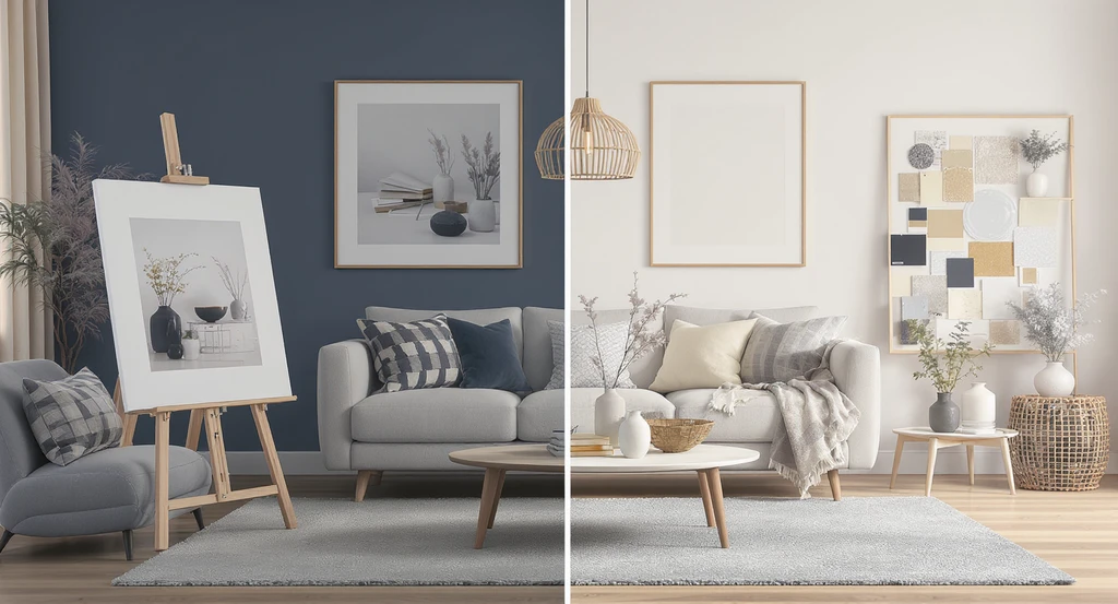 Modern living room with inspiration photo on easel, moodboard with real samples, and a mismatched redecorated area—showing AI interior design tools aligning real makeovers.