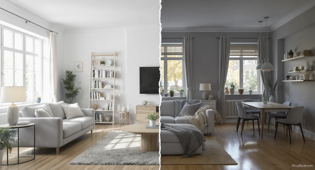 Realistic comparison of a living room before and after using AI interior design tools, highlighting the importance of layout consistency in AI home renovation and virtual staging.