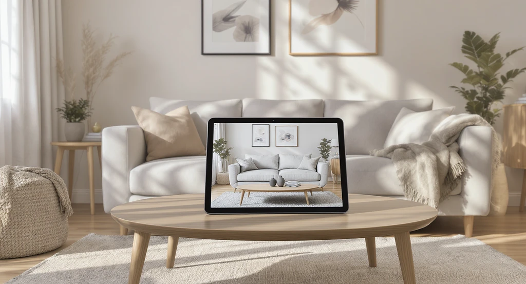 Modern living room with a digital tablet on the coffee table showing a photorealistic AR preview of a new sofa, demonstrating the best way to visualize furniture online and how to picture furniture in your room using visualization tools for home renovations.
