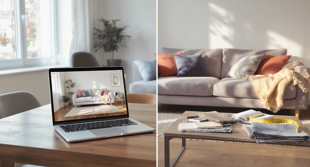 Modern living room split into two scenes: one with a laptop using an online AR furniture app, the other with physical swatches and tape, illustrating the best way to visualize furniture online and in-store, aiding those facing aphantasia challenges with interior design.