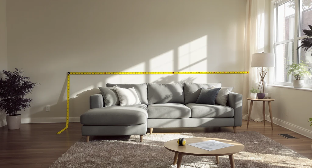 Photorealistic living room with a semi-transparent virtual sofa preview, digital measuring tape, and floorplan, illustrating the best way to visualize furniture online and tools for picturing furniture in your room when comparing online and in-store furniture options.
