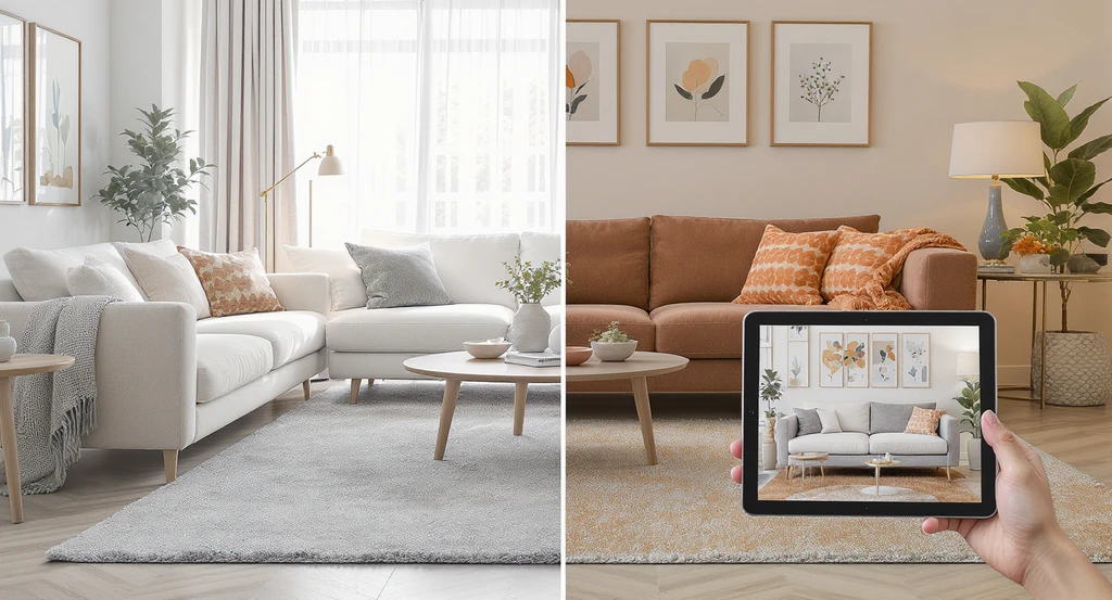 Living room with a tablet displaying augmented reality furniture preview and physical fabric samples next to a sofa, demonstrating the best way to visualize furniture online and how to picture furniture in your room using modern tools for visualizing home renovations.