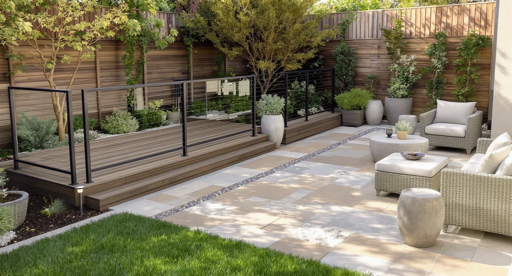 Side-by-side backyard scene showing a modern composite deck and a stylish paved patio featuring pavers and stamped concrete, illustrating patio vs deck for backyard value, best low maintenance patio materials, and factors impacting return on investment for outdoor living spaces.