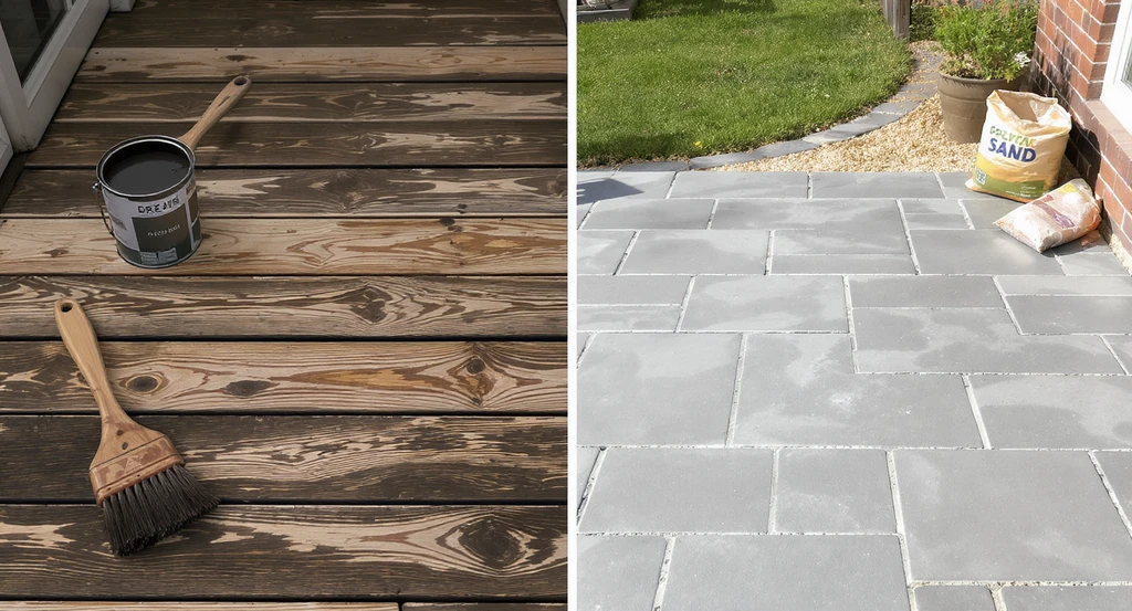 Side-by-side backyard view of a wooden deck with maintenance supplies and an adjacent weed-free paver patio with polymeric sand joints, illustrating the patio vs deck for backyard value and best low maintenance patio materials, highlighting maintenance process differences for return on investment in outdoor living spaces and pavers vs stamped concrete pros and cons.