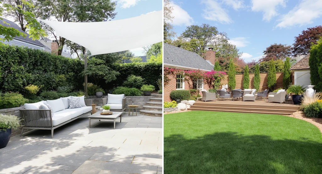 Photo-realistic split-screen visualization of a backyard, comparing a digitally rendered paver patio with low-maintenance materials and screening to a composite deck, illustrating patio vs deck for backyard value, best low maintenance patio materials, how to increase backyard privacy, and return on investment for outdoor living spaces.