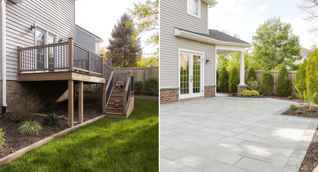 Backyard showing patio vs deck for backyard value: a raised composite deck on a sloped yard beside a flush paver patio on level ground, illustrating low maintenance patio materials and differences in circulation and return on investment for outdoor living spaces.