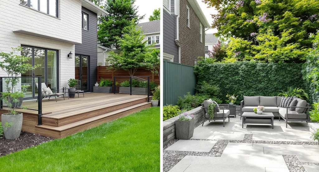 Photorealistic image showing a backyard with a composite deck beside a paver and stamped concrete patio, highlighting patio vs deck for backyard value, best low maintenance patio materials, and return on investment for outdoor living spaces.