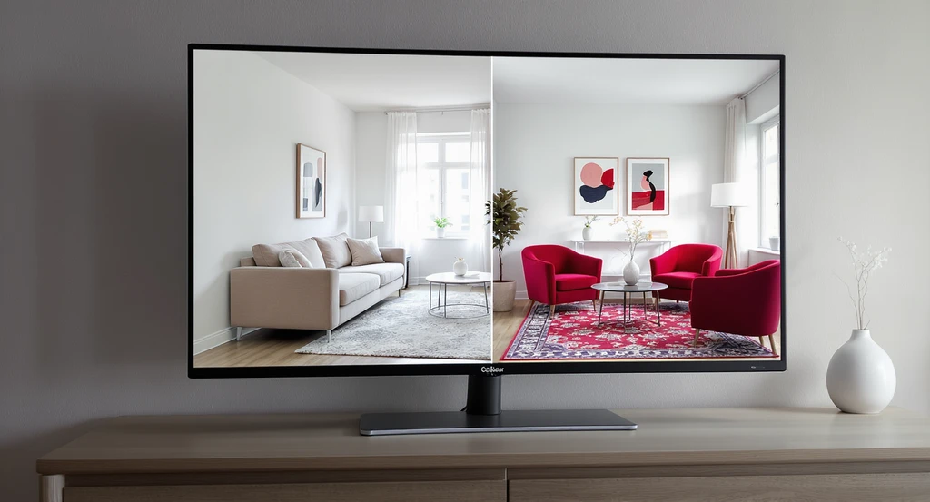 Photorealistic living room monitor showing split before/after virtual redesign, demonstrating how ai home design tools work for small apartment spaces.