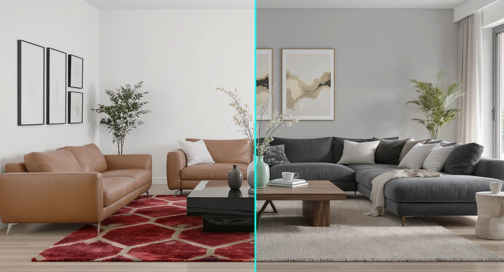 Photo-realistic living room showing mistakes to avoid with AI room makeovers: mismatched furniture versus an AI-visualized, cohesive home decor style.
