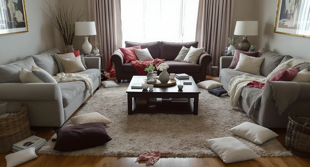 A cluttered living room with mismatched furniture, an undersized rug, and clashing colors visually showing mistakes to avoid with ai room makeovers.