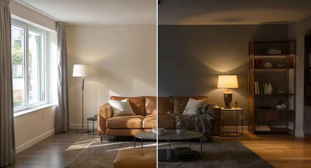 A realistic living room showing side-by-side comparison of natural daylight and layered artificial lighting, highlighting AI interior design tools best practices for balancing aesthetics, function, and accurate room layouts.