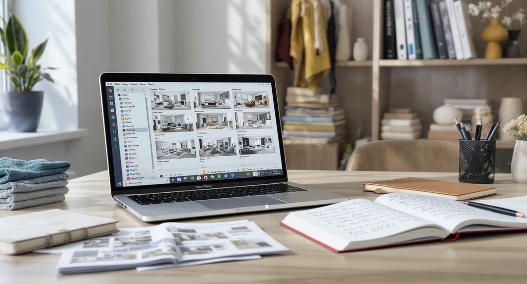 Organized home office workspace with a laptop displaying AI-generated room designs, grouped mood boards, and design notes. Avoiding common mistakes in AI interior design by saving and categorizing ideas for accurate, functional room layouts.