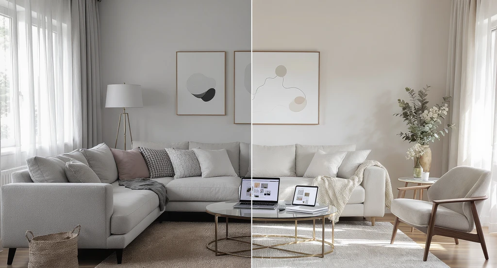 Modern living room split to show common mistakes with AI interior design on one side and best practices on the other, featuring realistic furnishings, accurate room layouts, and digital layouts on devices, illustrating how to avoid generic results when using AI tools.