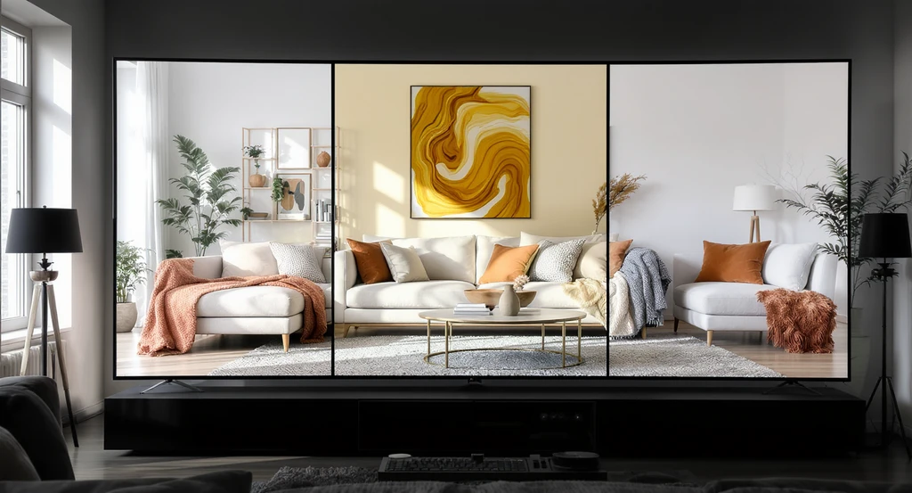 A modern living room features a large display showing three different AI-generated room layouts, illustrating common mistakes in AI interior design and best practices for writing effective prompts to achieve balanced, practical, and personalized rooms.