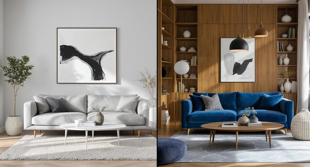 Side-by-side modern living rooms show a common AI interior design mistake with a generic room versus a personalized, detail-driven layout created using best AI design prompt practices and accurate room dimension input.