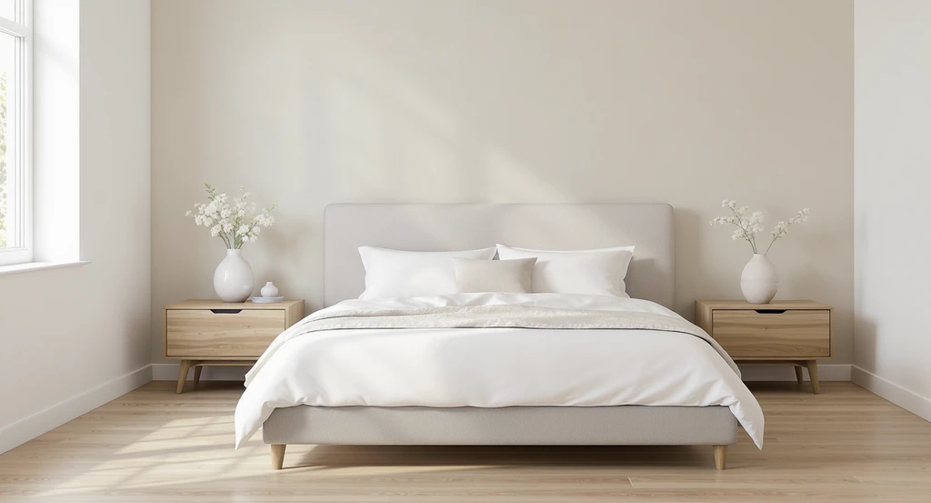 Minimalist bedroom with a limewash accent wall, centered bed, matching nightstands, light wood flooring, and simple florals for a calm, clutter-free space.