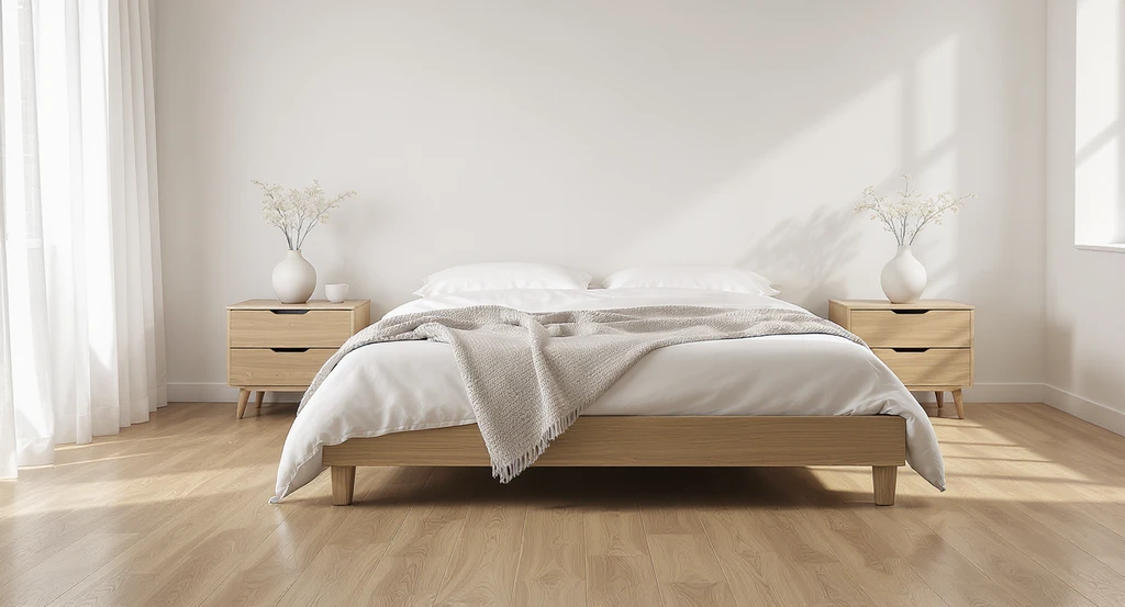 Minimalist bedroom showcasing matching oak nightstands and flooring, white linen bedding, subtle limewash accent wall, and simple floral decor for calm spaces.