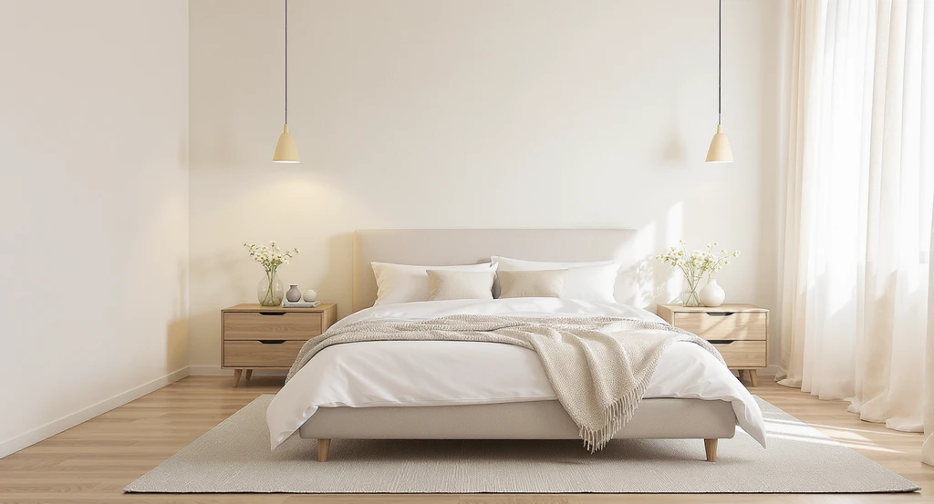 Minimalist bedroom design with limewash accent wall, matching wooden nightstands and flooring, layered neutral bedding, and simple florals for calming ambiance.