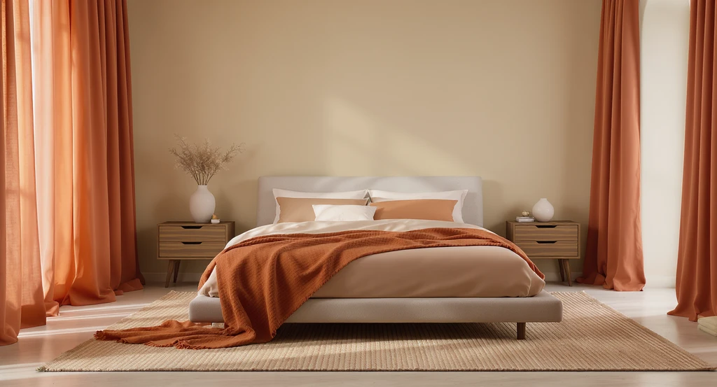 Minimalist bedroom with oversized warm-toned rug, layered bedding, floor-to-ceiling curtains, matching nightstands, and limewash accent wall for calm spaces.