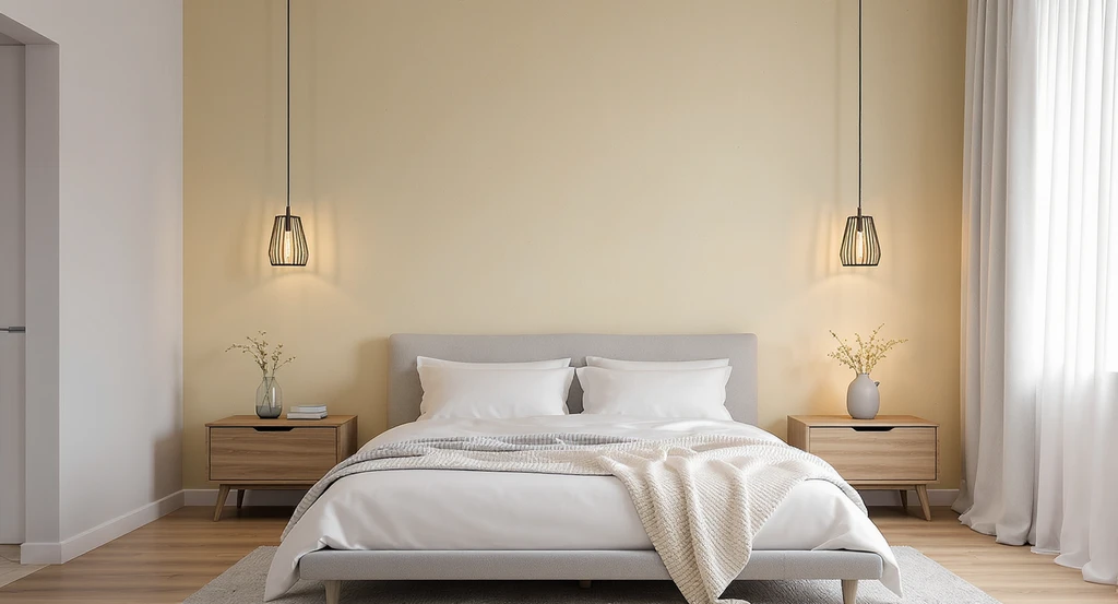 Minimalist bedroom featuring a sculptural statement pendant light, layered warm lighting, matching nightstands, light oak flooring, and a limewash accent wall for a calm, cohesive space.