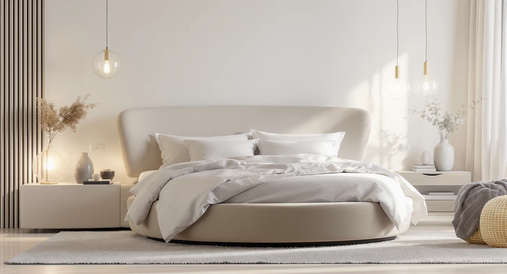Minimalist bedroom with curved furniture, spherical lights, textured linens, and a limewash accent wall for a calming, pattern-free design.